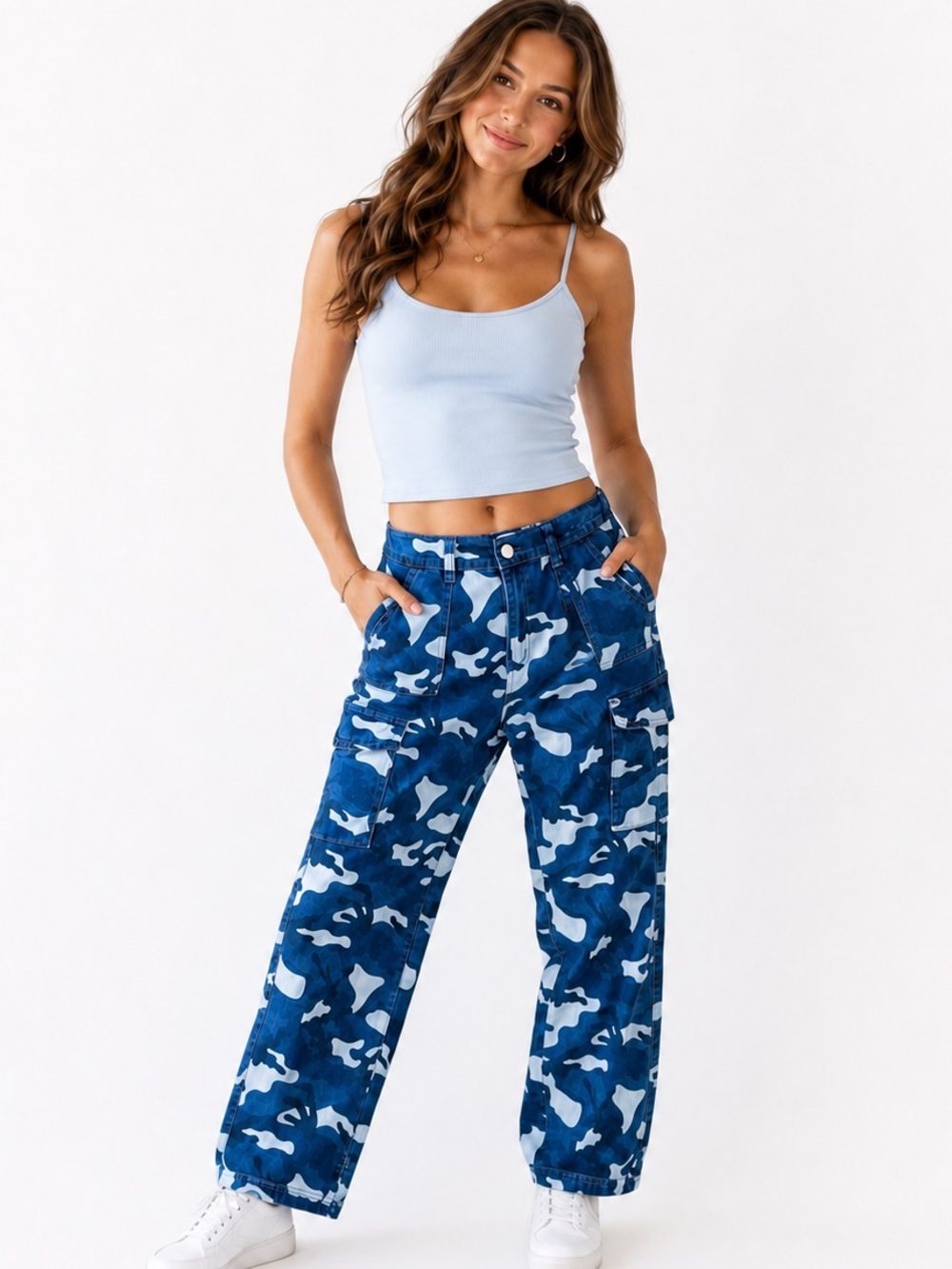 NWT Madden Girl SZS camo print cargo wide leg denim/shades of blue/waist 27”-32”